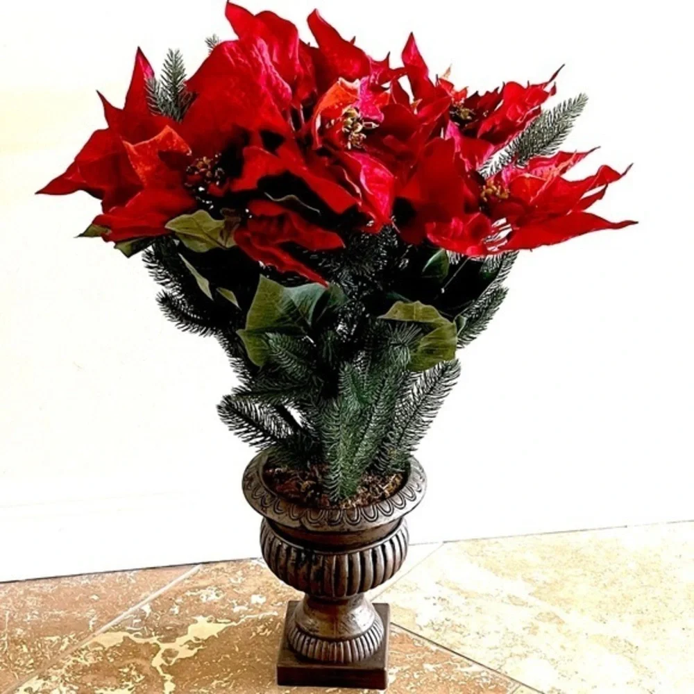 LARGE! 2.5 FEET TALL! Red Poinsettia Arrangement in Ornate Vase!